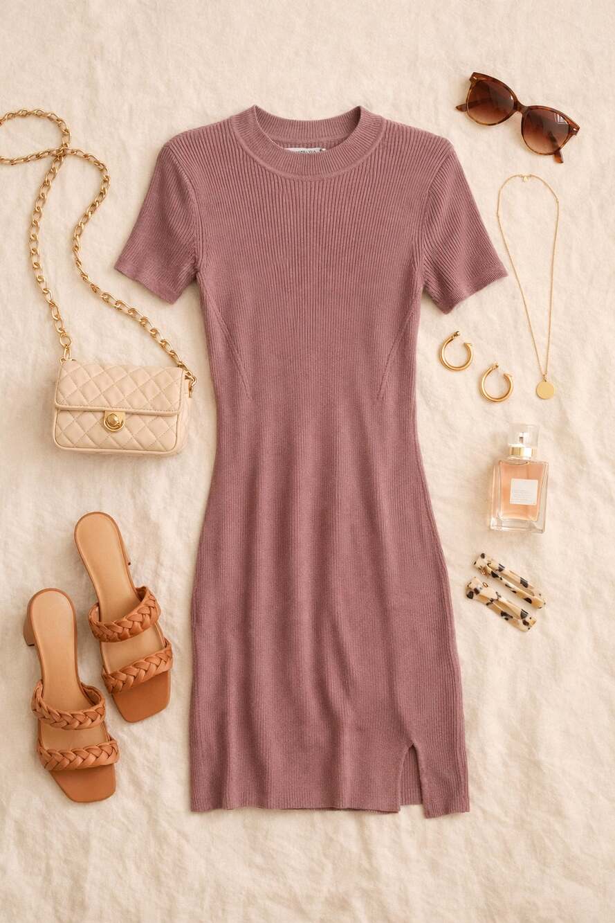 Abercrombie & Fitch Women's Ribbed Mini Dress Short Sleeve Dusty Mauve Size M